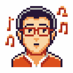 Obraz premium Pixel art portrait of a person with glasses, short dark hair, orange jacket, and musical notes on white background