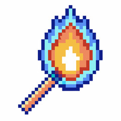 Obraz premium Blue flaming torch in retro pixel art bright digital fire animation, retro video game inspired icon on transparent background