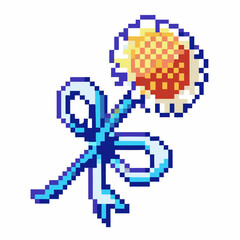 Obraz premium Pixel art chamomile flower with blue ribbon retro 8 bit floral design isolated on white background