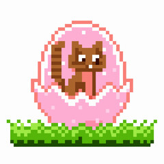 Obraz premium Pixel art brown cat hatching from pink egg, green grass background retro game style, playful fantasy animal character