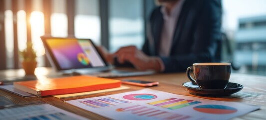 The workspace featuring charts and coffee for modern business insight.