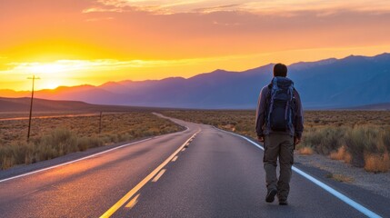 Obraz premium A solitary traveler walks along a deserted road at sunset, surrounded by mountains and desert