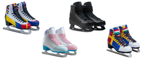 Assorted ice skates in colorful designs and classic black style on transparent background