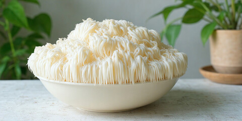 A white ceramic bowl with white, shaggy lion's mane mushrooms displaying their characteristic long, flowing, icicle-like spines sits on a wooden surface with green foliage blurred in the background.