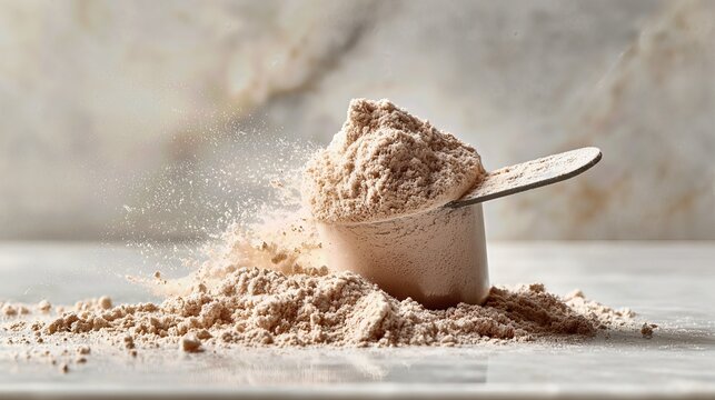 Protein powder overflows from a scoop onto a sleek marble surface, framed by a white backdrop evoking a healthy lifestyle.
