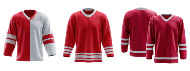 Red and white ice hockey jerseys with long sleeves and stripe patterns isolated on white background