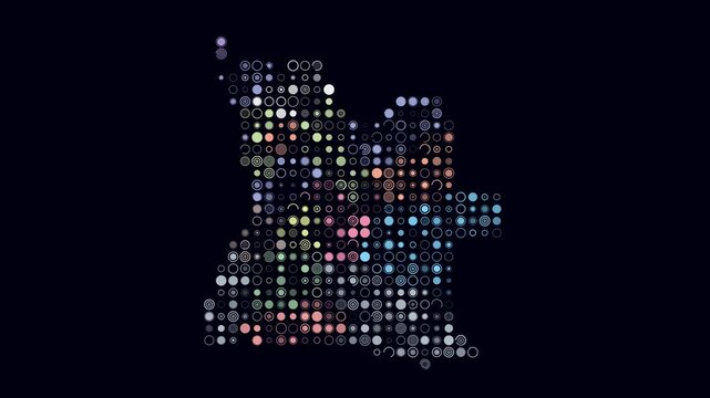 Angola dotted animation. Shape of the country build of pulsating colored dots. Large size circle blocks. Digital style map on dark background. Beautiful video.