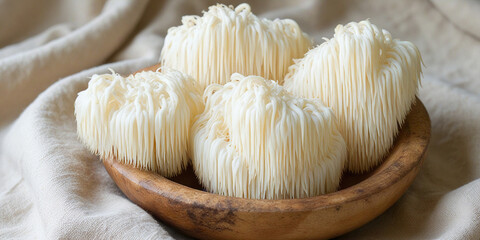 Four white lion's mane mushrooms with their distinctive flowing, hair-like spines are arranged in a rustic wooden basket placed on soft linen fabric.