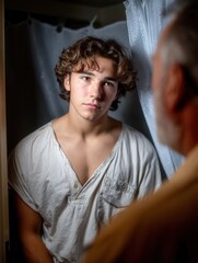 Obraz premium Young man looking into mirror with a contemplative expression, embraced by soft lighting and cozy background setting