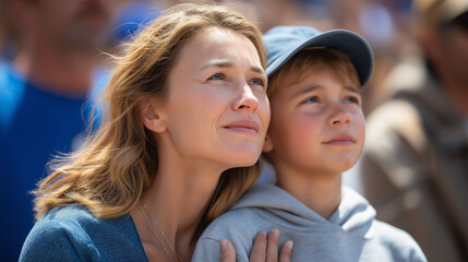 Fototapeta premium A mother and son watching a veterans' parade with respect and remembrance