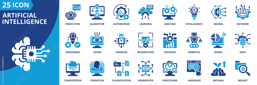 Poster artificial intelligence icon set collection in dual tone style. an icon pack contain machine, learning, algorithm, neural, network, automation, intelligence, prediction, recognition, decision