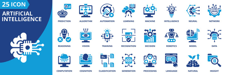 artificial intelligence icon set collection in dual tone style. an icon pack contain machine, learning, algorithm, neural, network, automation, intelligence, prediction, recognition, decision