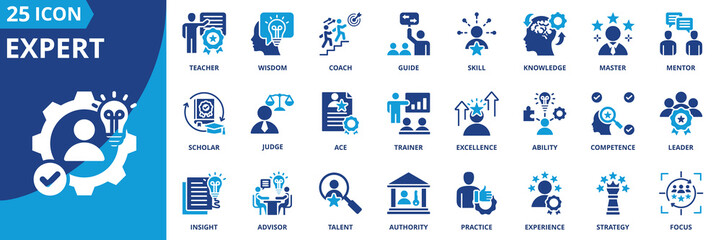 Fototapeta premium expert icon set collection in dual tone style. an icon pack contain skill, knowledge, wisdom, master, guide, coach, mentor, teacher, leader, competence
