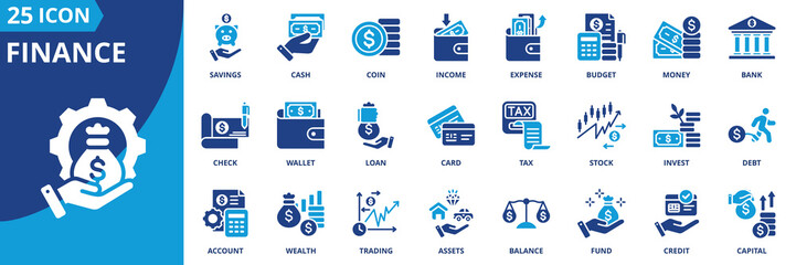 finance icon set collection in dual tone style. an icon pack contain money, cash, bank, coin, budget, income, expense, savings, invest, stock