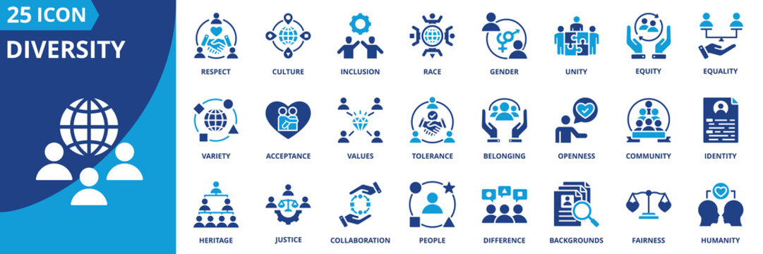 diversity icon set collection in dual tone style. an icon pack contain inclusion, equity, equality, culture, gender, race, unity, respect, acceptance, identity