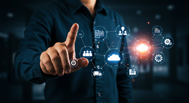 Man pointing at digital cloud network interface with business icons in a dark background scene