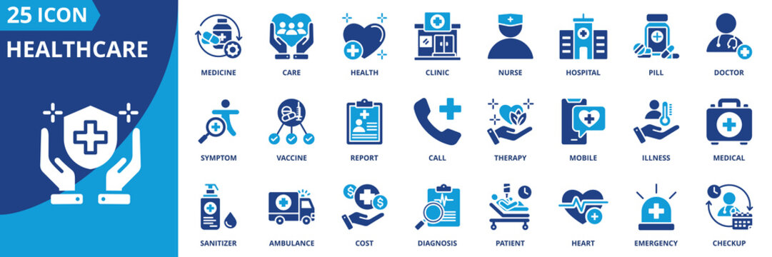 healthcare icon set collection in dual tone style. an icon pack contain health, care, doctor, nurse, hospital, clinic, medicine, pill, report, vaccine - Powered by Adobe