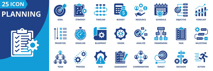 Naklejka na ściany i meble planning icon set collection in dual tone style. an icon pack contain goal, strategy, timeline, budget, resource, schedule, objective, forecast, prioritize, deadline