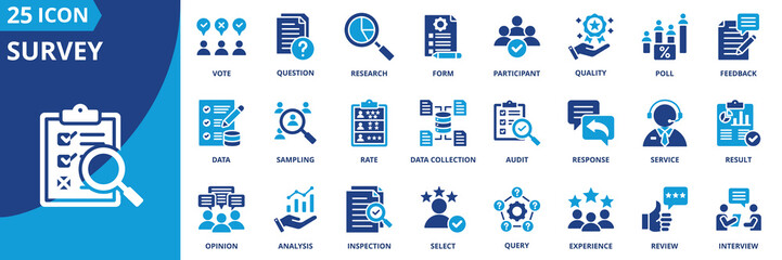 survey icon set collection in dual tone style. an icon pack contain vote, question, research, form, participant, quality, poll, feedback, data, sampling