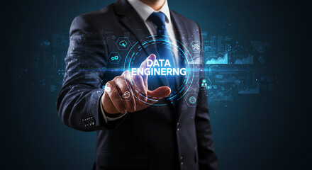 Data Engineering concept. Businessman selects "DATA ENGINEERING" on a virtual screen, symbolizing Big Data, cloud technology, and information processing.
