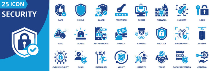 security icon set collection in dual tone style. an icon pack contain safe, shield, guard, password, acces, firewall, encrypt, look, risk, alarm