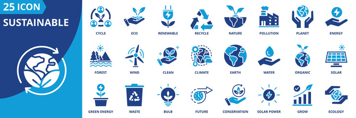 sustainability icon set collection in dual tone style. an icon pack contain pollution, ecology, green, eco, renewable, recycle, energy, planet, nature, cycle