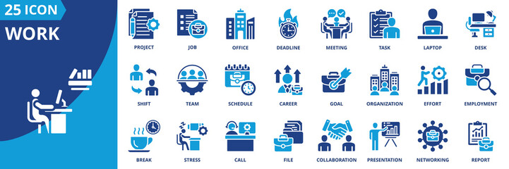 work icon set collection in dual tone style. an icon pack contain career, task, job, office, desk, laptop, meeting, project, deadline, schedule