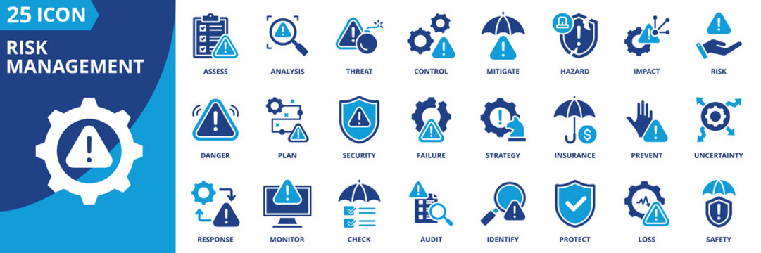 risk management icon set collection in dual tone style. an icon pack contain risk, threat, hazard, impact, control, mitigate, analysis, assess, plan, strategy