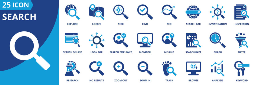 search icon set collection in dual tone style. an icon pack contain explore, locate, seek, find, seo, search bar, investigation, inspection, search online, look for