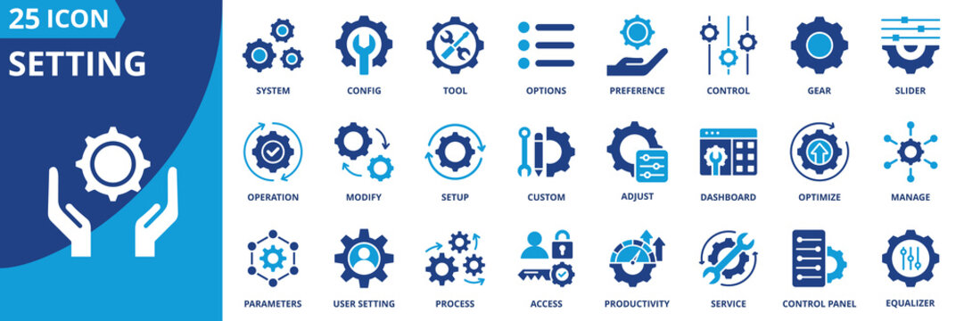 setting icon set collection in dual tone style. an icon pack contain system , config, tool, options, preference, control, gear, slider, operation, modify