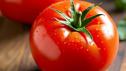 Close up of vibrant red tomatoes with water droplets on a rustic wooden table, showcasing their fresh green stems and natural texture, creating a simple culinary still life - Powered by Adobe