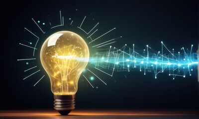 Glowing Lightbulb with Blue Energy Streaks on Dark Background