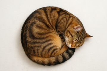 Top-down view of a cute cat curled up  round body shape emphasized, photo, isolated over a white background floor.