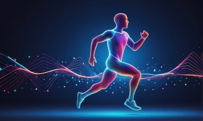 Obraz premium Abstract Pixelated Runner Energetic Multicolored Figure in Motion Against Dark Wavy Background