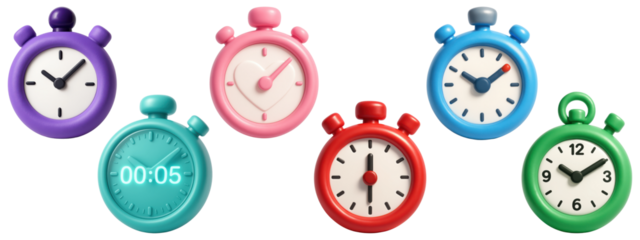 Colorful 3D stopwatch and timer icons with playful designs on transparent background