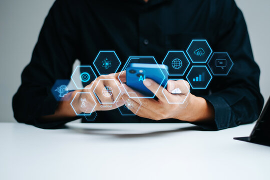 Man interacts with a futuristic AI interface showing data, cloud, and tech icons. Real people in a digital transformation scene