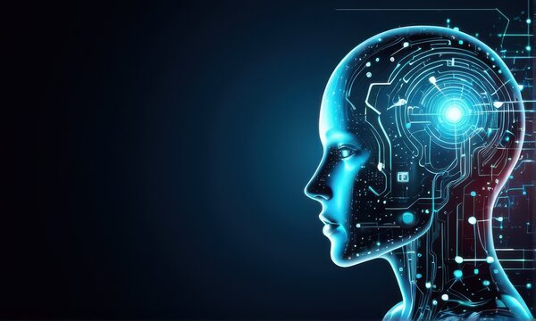 Glowing Translucent Female Head with Circuit Board Patterns on Dark Blue Background