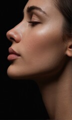 Obraz premium Radiant Woman Profile Portrait, Glowing Skin, Dark Background