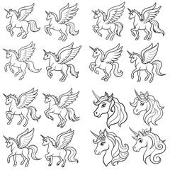 Unicorn outline vector illustration isolated on white background.