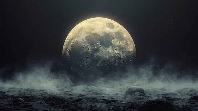Majestic lunar surface landscape featuring a large, cratered moon dominating a dark, misty scene with rocky terrain and a mysterious atmosphere.