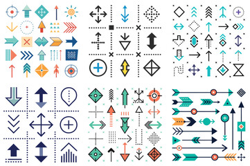 Set of different symbols including arrows vector illustration isolated on white background.