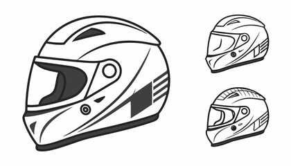 A set of vector icons for motorcycle helmets, along with an illustration of a racing team helmet   