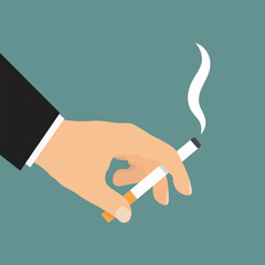 Smoking cigarette in hand. Flat vector illustration of a hand holding a lit cigarette with smoke rising, set against a solid teal background