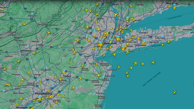 Air Traffic Map Over New York and Philadelphia Region, Live aircraft tracking showing dense flight activity across northeastern United States airspace