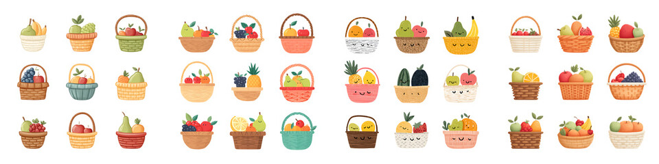 Assorted fruit and vegetable baskets display a variety of fresh wholesome produce  long title A collection of wicker baskets and containers filled