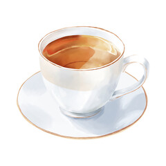 A cup of hot tea. Watercolor illustration. Tea in a white porcelain mug on a saucer, isolated on a white background. A theme for cafes, restaurants, culinary menus, textiles and printing.