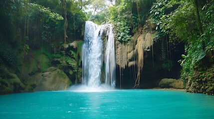 A picturesque waterfall cascading down a cliff into a turquoise pool surrounded by lush tropical vegetation