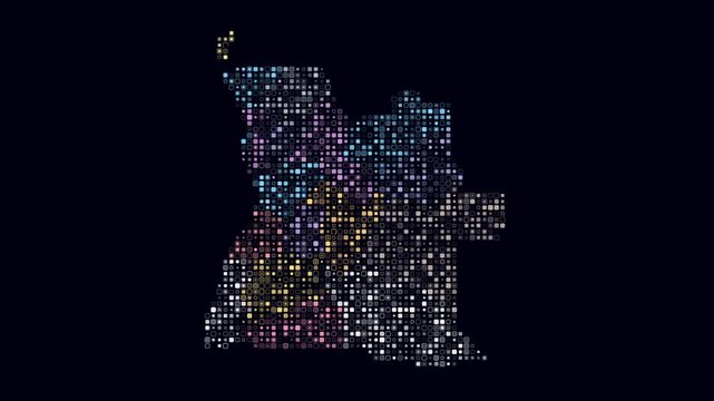 Angola dotted animation. Shape of the country build of pulsating colored dots. Small size rounded square blocks. Digital style map on dark background. Vibrant video.