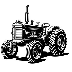 A detailed black line art illustration of a classic vintage farm tractor. Rendered in an engraved or woodcut style.