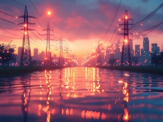 Surreal visualization of industrial electricity flowing like a river through glowing power lines